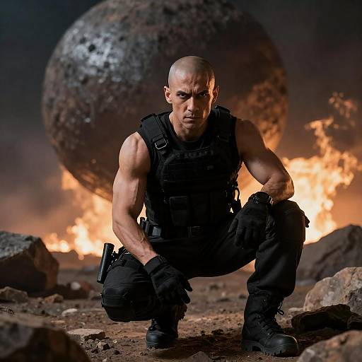 Bald Warrior on Fiery Asteroid Terrain