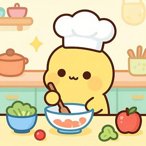 Cute cartoon yellow character in white chef hat cooking in colorful kitchen, stirring bowl with chopsticks, surrounded by veggies and fruits.