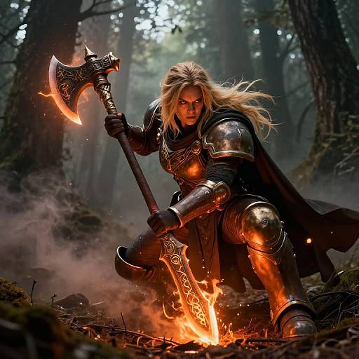 Digital art of a fierce, blonde, armored warrior with glowing axe, crouching by a fiery campfire in a misty forest.