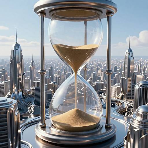 Digital artwork of a glass hourglass with sand, centered against a futuristic cityscape of towering skyscrapers under a blue sky.