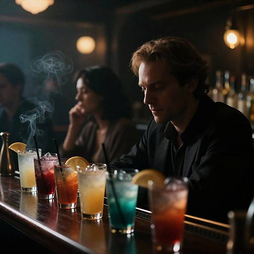 Man Sitting at Bar with Colorful Drinks