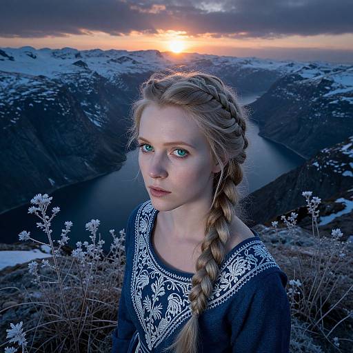 Enigmatic Nordic Woman in Icy Fjord