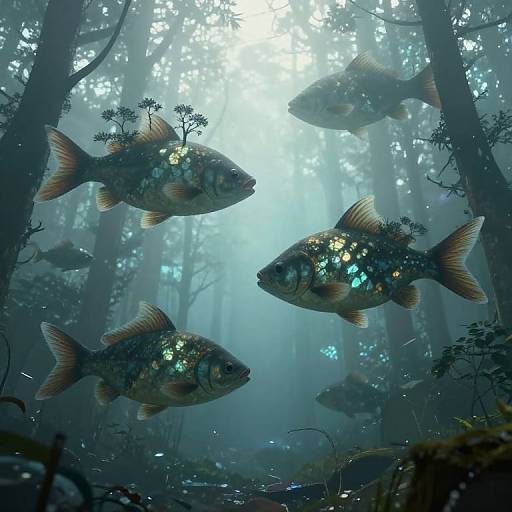 Digital artwork of glowing, bioluminescent fish swimming in a misty, underwater forest with ethereal light filtering through tree branches.
