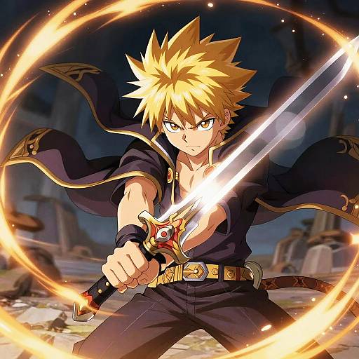 Anime-style digital art of a blonde-haired, spiky-haired warrior with intense eyes, wielding a glowing sword, surrounded by fiery rings, in a ruined