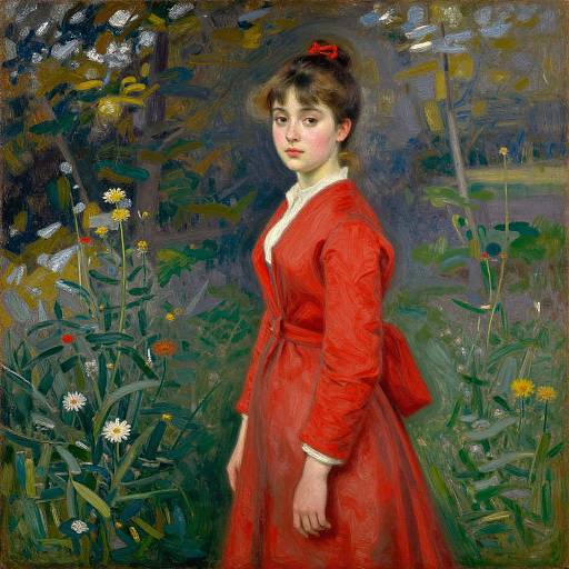 Impressionist-style painting of a young woman in a red dress, standing amidst a lush garden with daisies, looking forward.