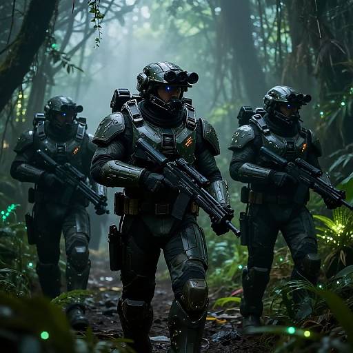 Photorealistic CGI of three armored soldiers with helmets and assault rifles, walking through a misty, dense jungle with glowing green plants.
