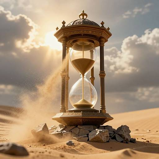 Photograph of a golden hourglass with intricate design, standing on rocky sand dunes, sunlight streaming through clouds, casting dramatic shadows.