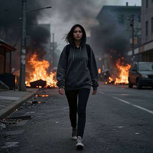 Photograph of a young woman with long dark hair, wearing a gray hoodie and black pants, walking through a street engulfed in flames and smoke during