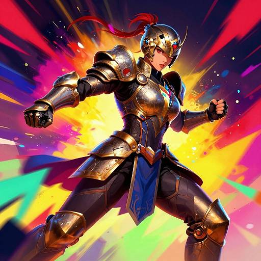 Dynamic digital artwork of a fierce female knight in shiny gold armor with a red plume, fists clenched, against a vibrant, explosive colorful background.