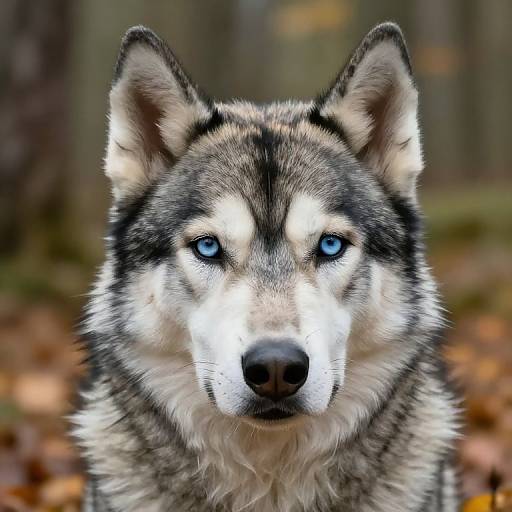 Photograph of a close-up Siberian Husky with striking blue eyes, black and white fur, and pointed ears, standing in a forest with autumn