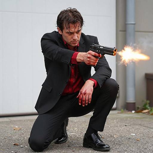 Intense Crouching Man with Gun