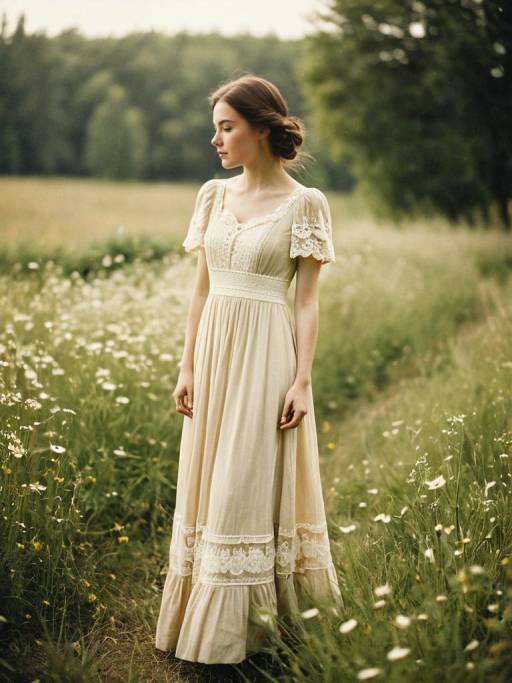 Young Woman in Vintage Lace Dress in Meadow