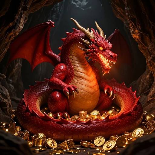 Digital illustration of a fierce, red dragon with orange underbelly, sitting in a dark cave filled with glowing coins and gold treasure.