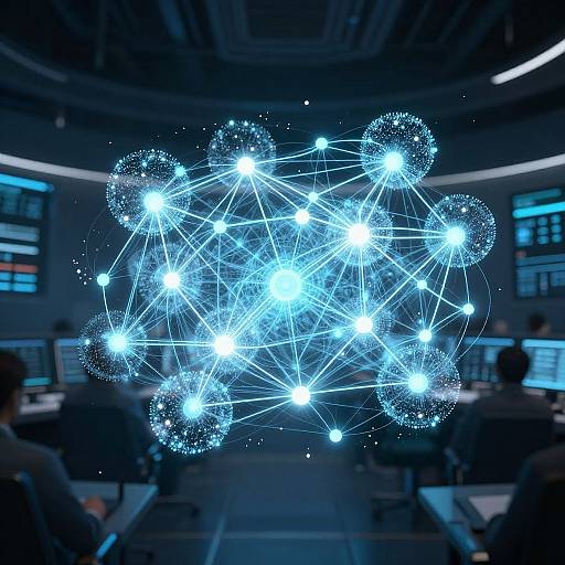 Digital CGI image of a glowing blue molecular network with bright nodes and lines in a dark, modern control room.