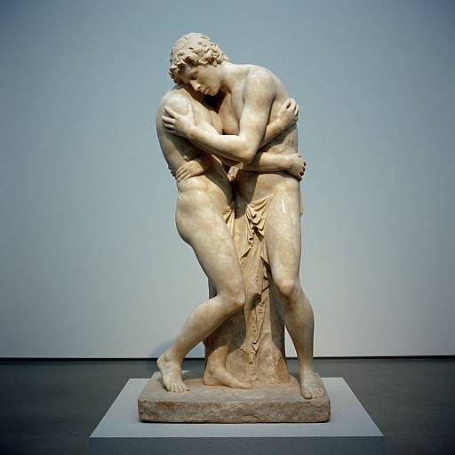Photograph of a classical marble statue depicting two nude, curly-haired figures embracing intimately, highlighting their muscular physiques and tender embrace.