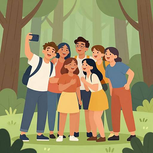 Cartoon illustration of diverse group of seven friends taking a selfie in a sunny forest, smiling, wearing casual clothes.