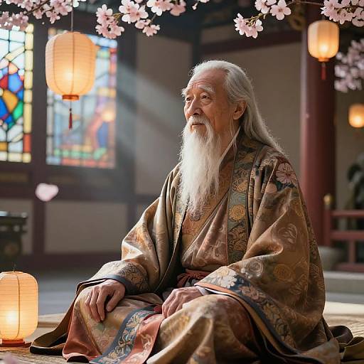 Photograph of an elderly Asian man with a long white beard, wearing an ornate floral kimono, sitting under cherry blossom lanterns in a traditional