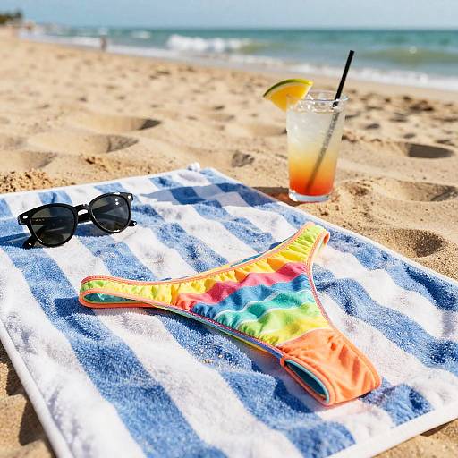 Photograph of a sandy beach with a colorful tie-dye bikini top, black sunglasses, and a refreshing orange drink with a lemon slice on a blue