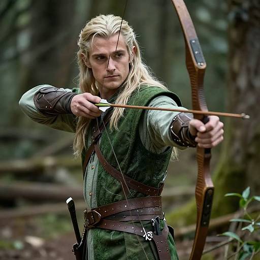 Photograph of a blonde, fair-skinned male archer with long hair, wearing a green medieval tunic and brown leather belts, drawing a bow
