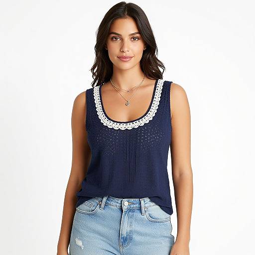 Photograph of a smiling woman with medium skin tone, wearing a black sleeveless top with white lace trim, and light blue jeans, against a white