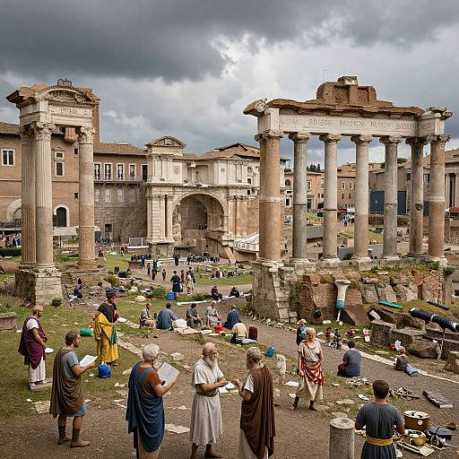 Photograph of Roman Forum with ancient ruins, tourists in traditional Roman attire, cloudy sky, and diverse crowd exploring historic columns and arches.