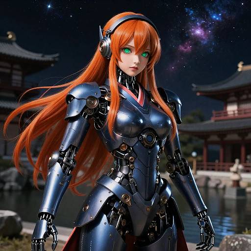 Mecha Kimono Girl Under Starry Sky