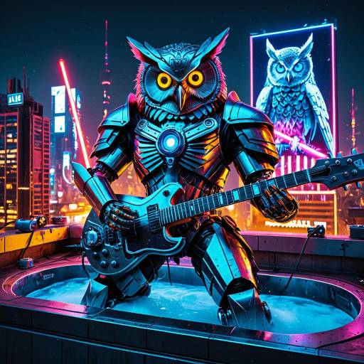 Cyberpunk Mechanical Owl Playing Guitar