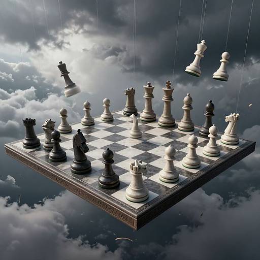Floating chessboard with black and white pieces suspended in cloudy sky, illuminated by sunlight. Chess pieces appear to be mid-air. Dramatic, surreal digital