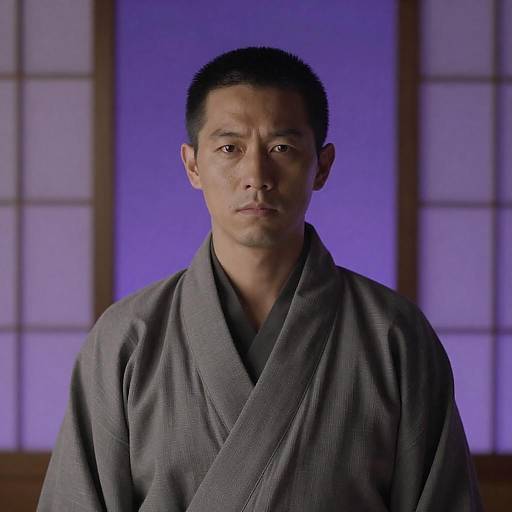 Serious Asian Man in Gray Robe