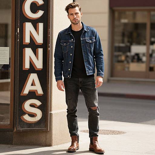 Photograph of a handsome man with short brown hair, wearing a blue denim jacket, black ripped jeans, and brown boots, standing in front of a