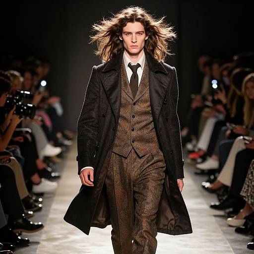 Photograph of a male model with long, wavy brown hair, wearing a brown checkered suit, black overcoat, and tie, walking down