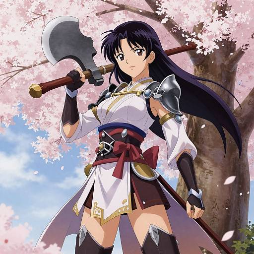 Anime-style drawing of a black-haired woman in samurai armor, holding an axe, standing under cherry blossoms, with a determined expression.