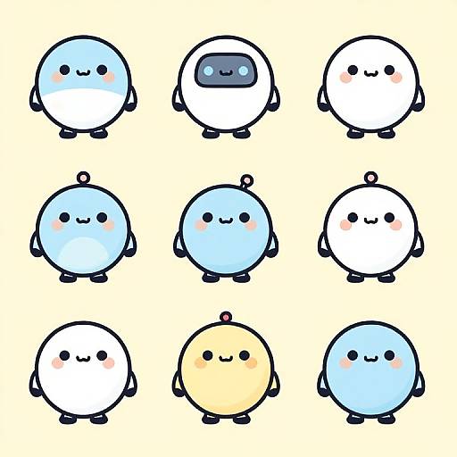 Chibi-style digital drawing of nine cute, round, cartoon characters with various expressions, colors, and blushes, arranged in a 3x3
