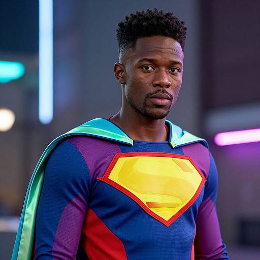 Photograph of a Black man with short curly hair, wearing a colorful Superman costume with a yellow 