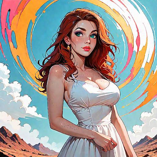 Redhead Woman in White Dress in Desert