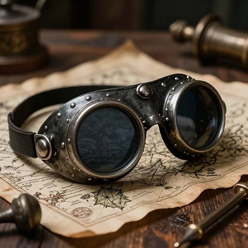 Photograph of vintage-style, black leather aviator goggles with metallic rivets, resting on an aged, detailed map on a dark wooden table.