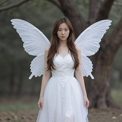 Photograph of an Asian woman with long brown hair, wearing a white angel dress and large, detailed white wings, standing in a forest.