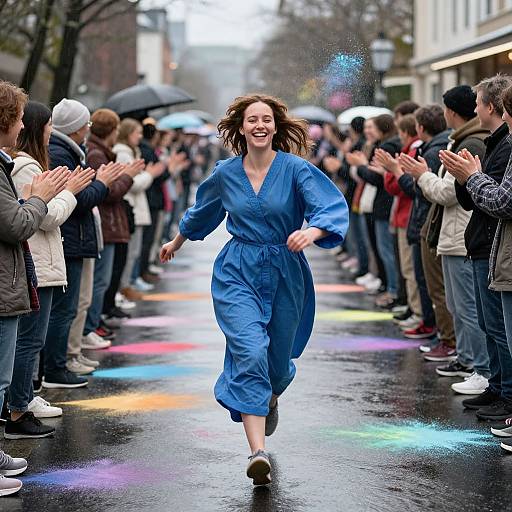 Photograph of a smiling woman with brown hair, wearing a blue dress, joyfully running through a rain-soaked street, surrounded by clapping on