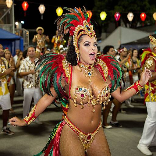 Photograph of a vibrant, dark-skinned woman in a colorful, feathered, gold-embellished bikini costume, dancing energetically at