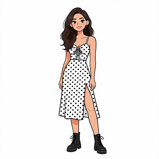 Digital illustration of a young woman with long dark hair, wearing a white polka dot dress with a side slit and black ankle boots, standing against a