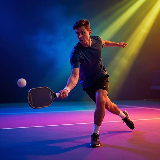 Photograph of a male tennis player in motion, wearing a black shirt and shorts, hitting a ball with a racket under vibrant blue, yellow, and