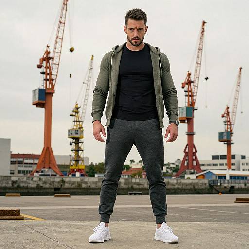 Photograph of a muscular man with short brown hair, beard, olive green jacket, black shirt, gray pants, and white sneakers, standing confidently in