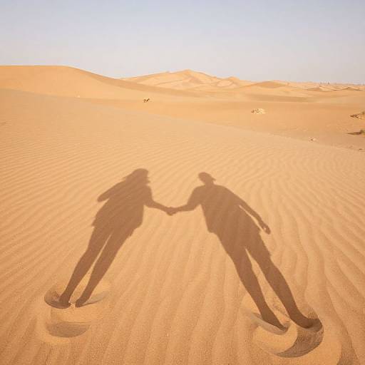 Photograph of two silhouetted figures holding hands, casting shadows on rippled desert sand under a bright, clear sky.
