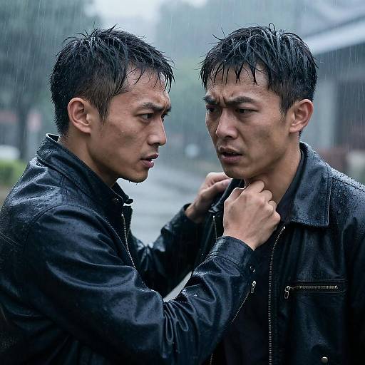 Intense Rainstorm Portrait of Two Men