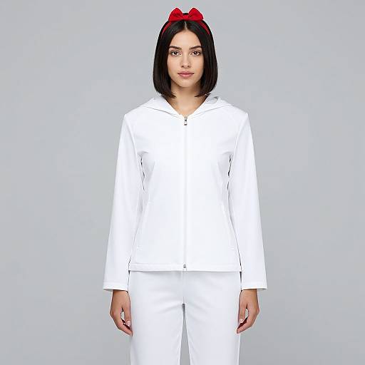 Photograph of a young woman with straight black hair, wearing a red bow, white long-sleeve blouse, and white pants, standing against a