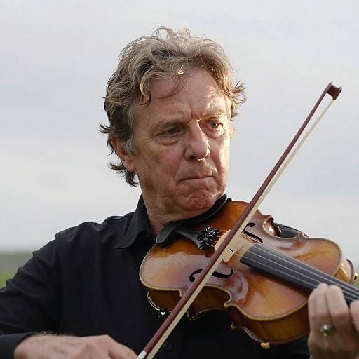 Photograph of an older man with disheveled gray hair, playing a violin with a serious expression, wearing a black shirt, against a bright sky