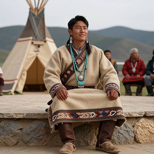 Photograph of a traditional Native American man in beige embroidered robe, turquoise bead necklaces, sitting outside a teepee, with blurred background and seated elders