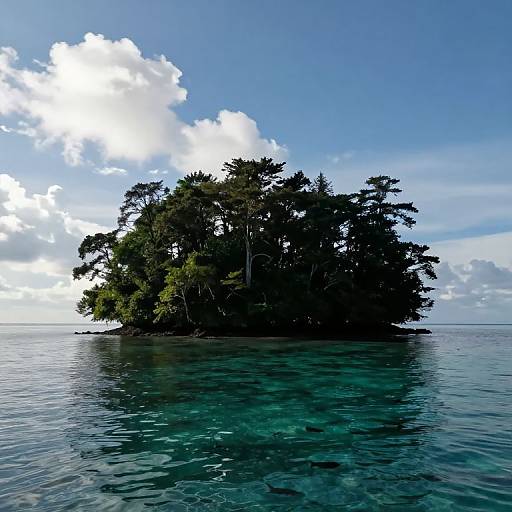 Photograph of a small, lush, tree-covered island in calm, clear blue ocean, with a bright blue sky and fluffy white clouds.