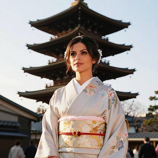 Photograph of a beautiful Asian woman in traditional white floral kimono, standing in front of a traditional Japanese pagoda at sunset.