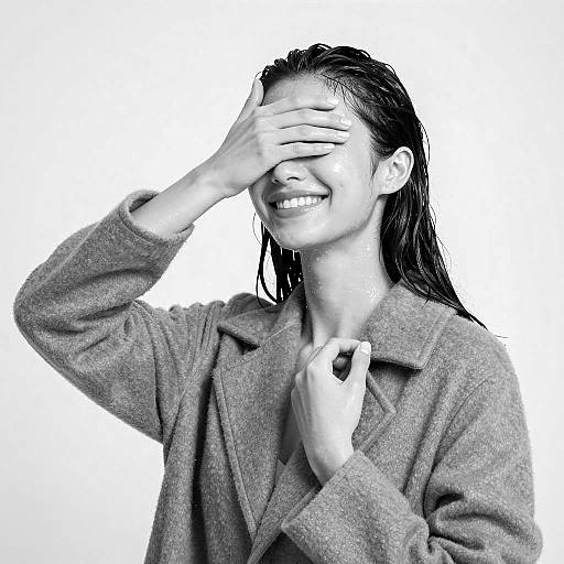 Wet Woman Smiling in Wool Coat Black and White
